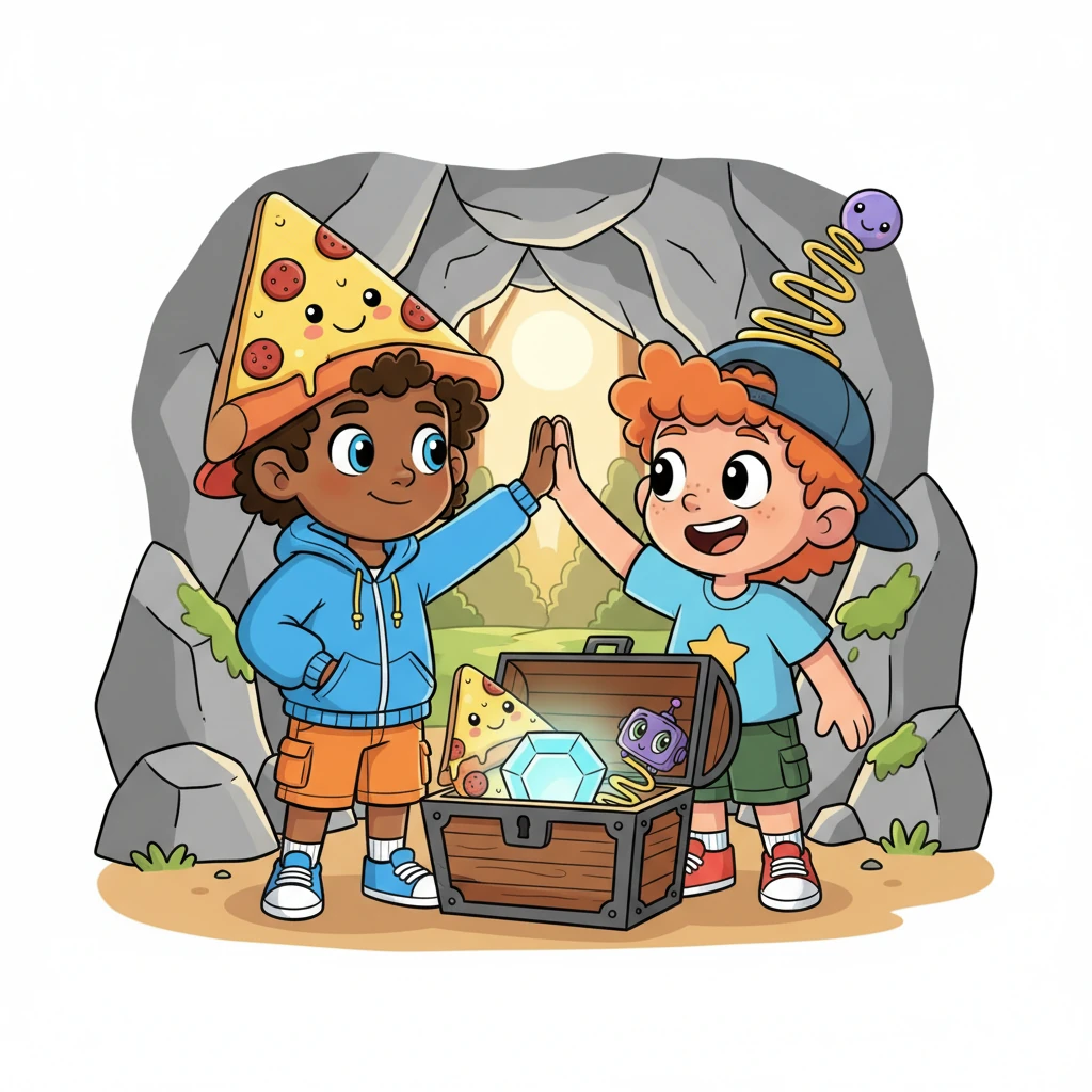 Pete and Nora eagerly opened the chest, expecting gold, but found something even better: a glowing "Friendship Gem" and two matching, wonderfully silly hats – one shaped like a giant pizza slice, the other a wobbly spring. They exchanged delighted grins and high-fived.
