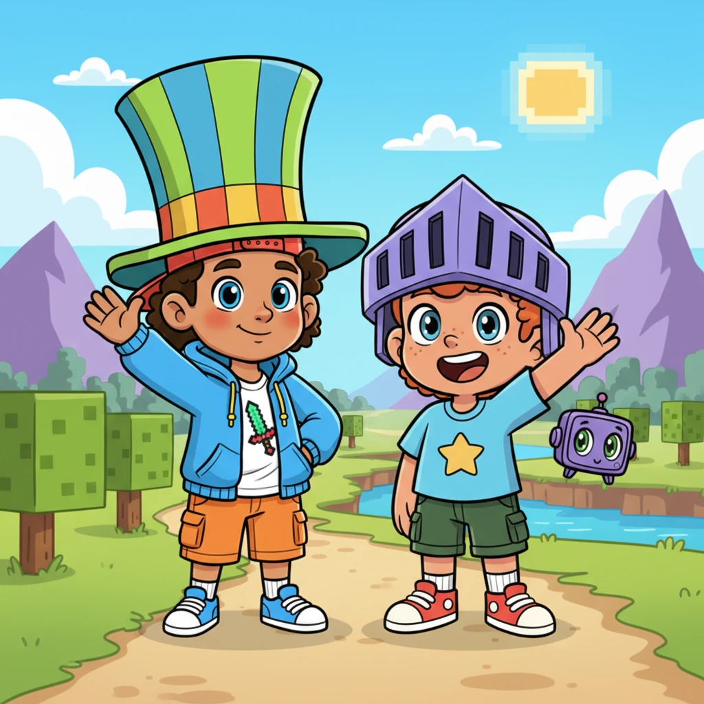 Wearing their new, ridiculous hats, Pixel Pete and Nooby Nora stood side-by-side, waving goodbye to the vibrant world. Their adventure was over for now, but their new friendship was just beginning, promising many more blocky quests together. They knew this was only the first chapter of their epic tale.