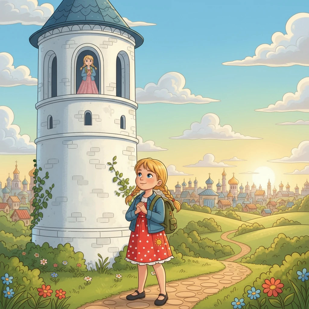 Первым делом Маша побежала к Белой башне. Она такая высокая и красивая! Маша долго разглядывала ее, представляя себя принцессой, выглядывающей из окна башни, чтобы увидеть весь город.