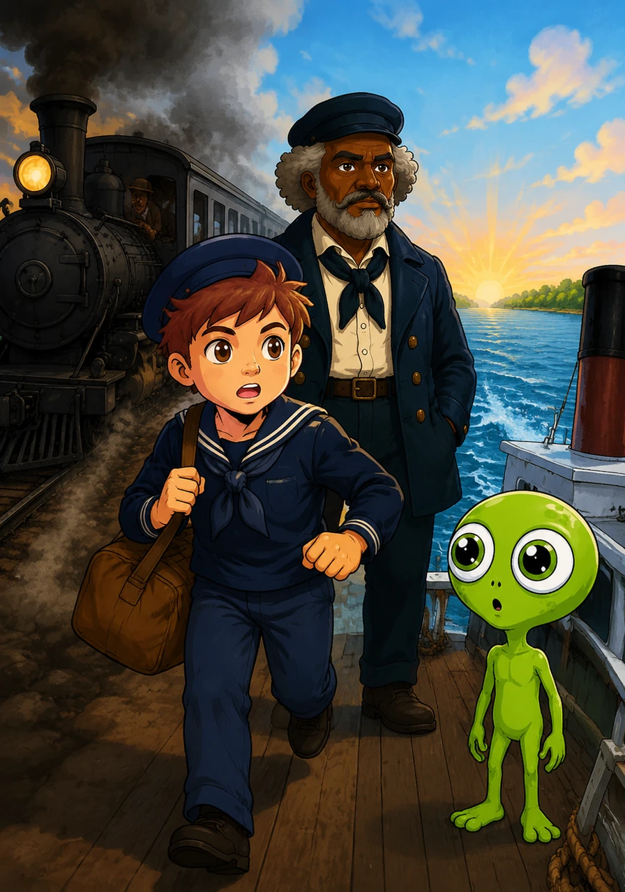 With his heart pounding like a drum, Frederick disguised himself as a brave sailor and escaped toward the North in search of liberty. He traveled by train and boat, leaving the darkness of his past behind to finally breathe the air of a free man.