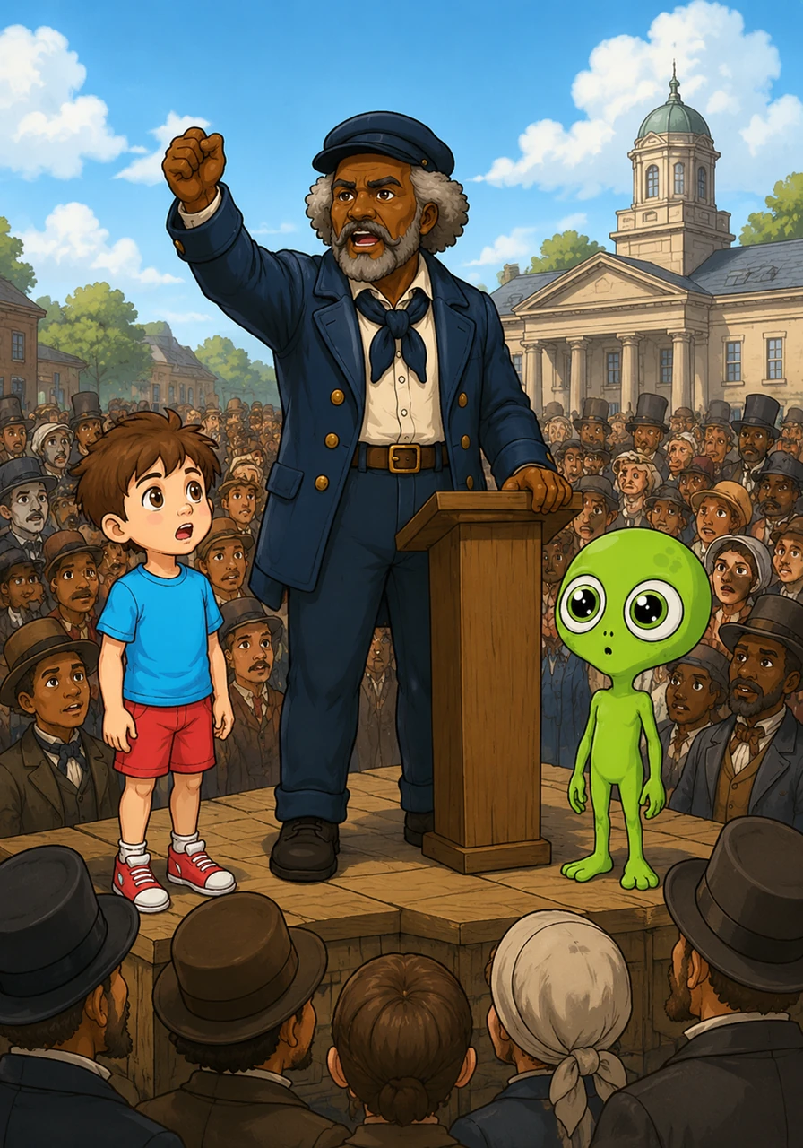 Soon, Frederick’s voice became a powerful force that echoed across the entire country as he spoke out against the cruelty of slavery. He stood before huge crowds, and his words were so strong they could move hearts and change the minds of thousands.
