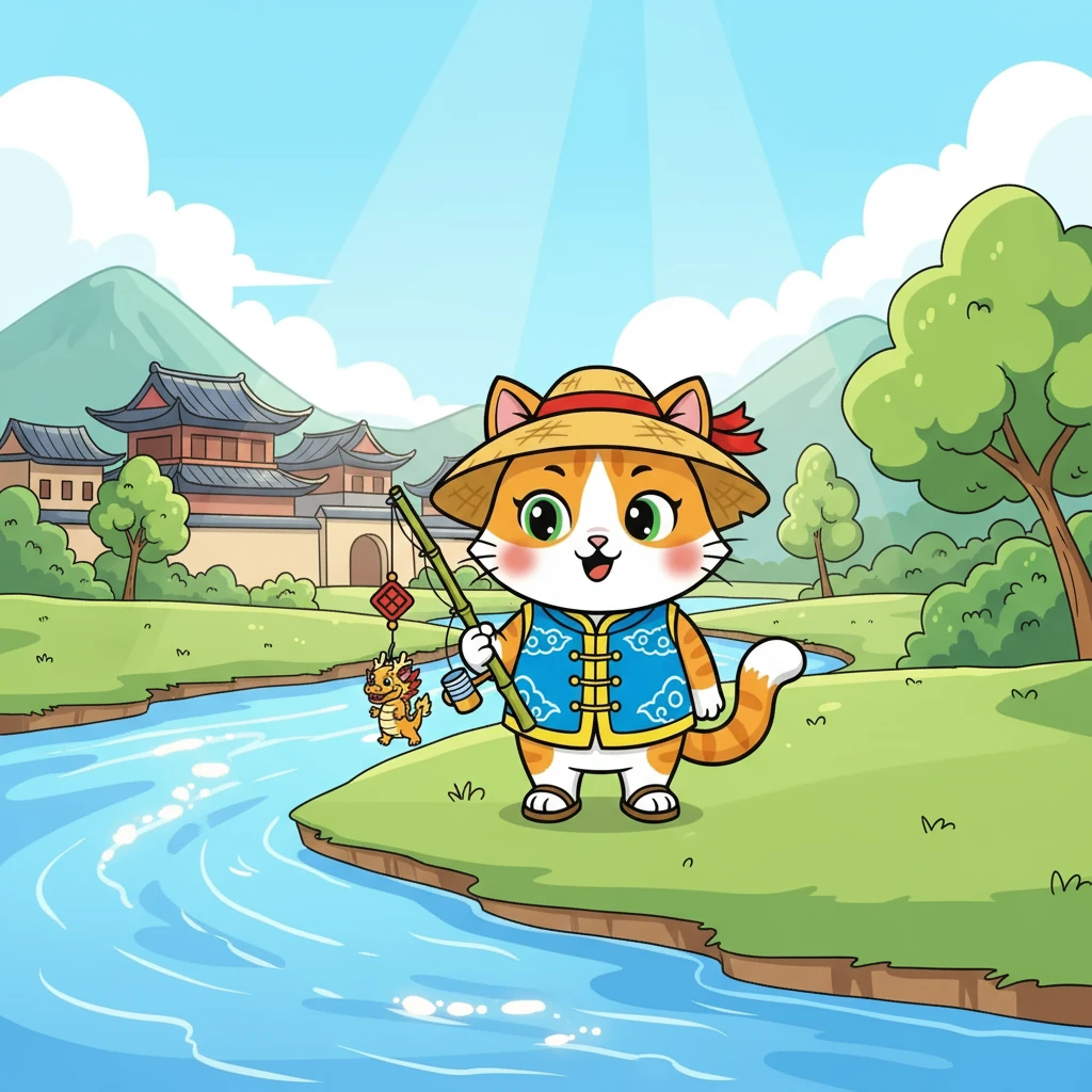 一只猫在河边抓鱼结果钓到了一只龙王 - 童话故事