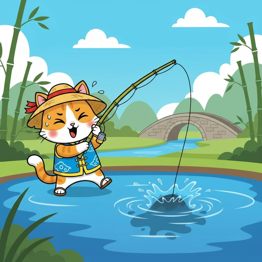 鱼竿突然动了一下！咪咪兴奋地拉起鱼线，却发现钓到的东西比想象的要重得多。它使劲拉，费了九牛二虎之力，终于把东西拉出了水面。