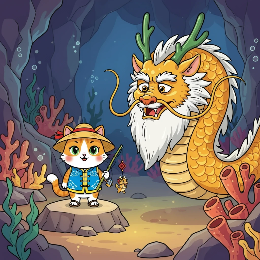 出现在咪咪眼前的是一位龙王，他有着金色的鳞片和威严的胡须，但看起来却有些疲惫。龙王惊讶地看着咪咪，不知道发生了什么事。