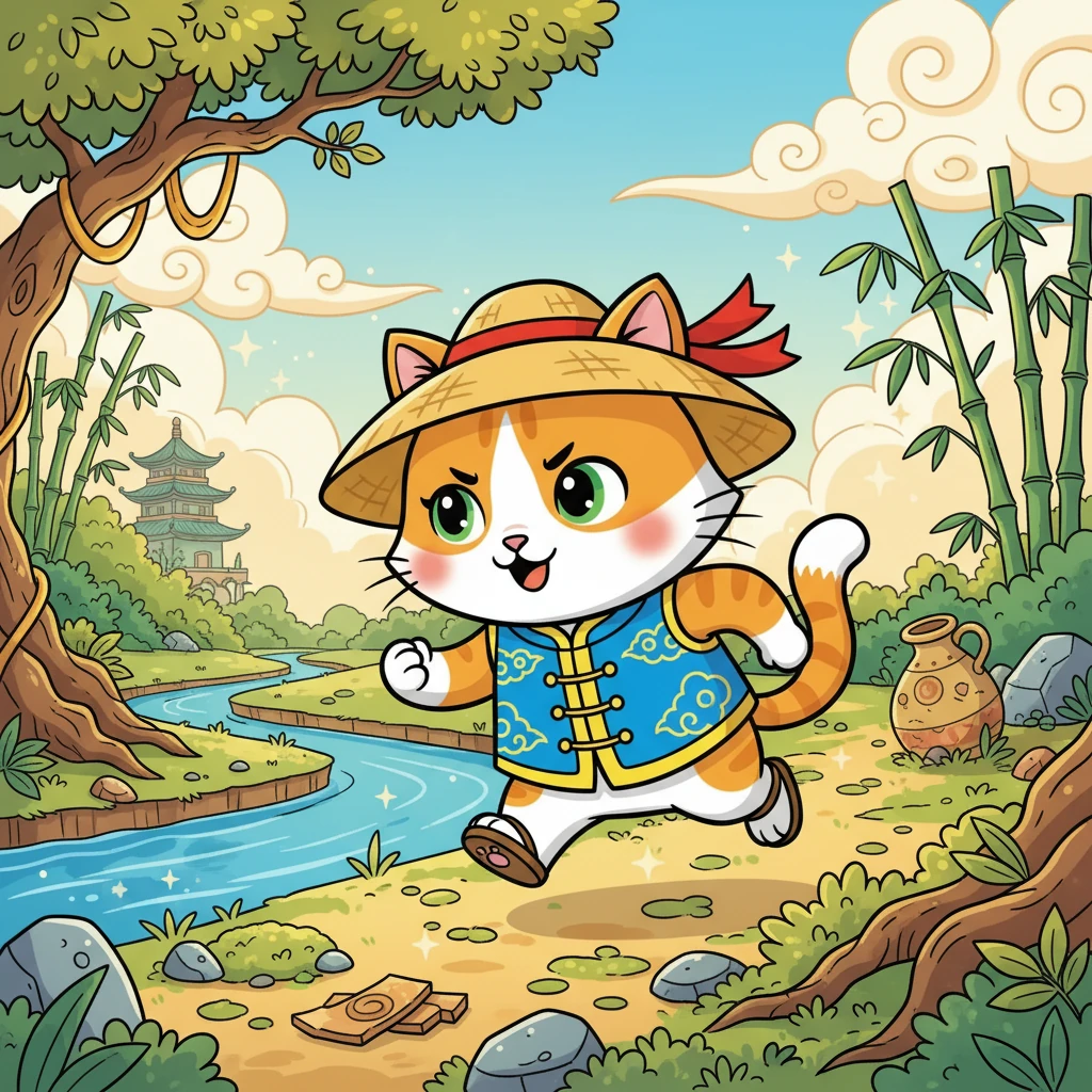 咪咪决定帮助龙王，它用自己的方式，在河边寻找可以帮助龙王恢复力量的线索。它跑遍了河边的每一个角落，寻找着传说中的宝物。