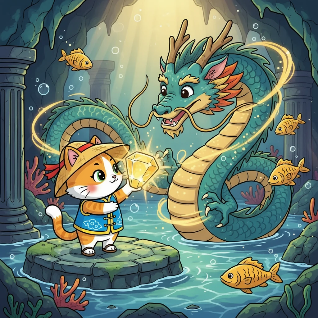 最终，咪咪找到了一个闪闪发光的石头，它将石头交给了龙王，龙王的力量渐渐恢复。龙王感谢了咪咪，并成为了咪咪永远的朋友。