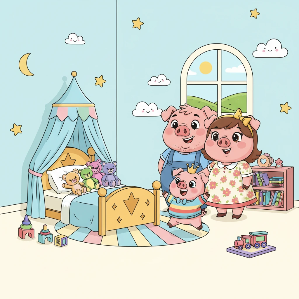 Розі, чарівна свинка, жила у затишному будинку зі своєю люблячою родиною. Вона мала власну веселу кімнату з м'яким ліжечком, оздоблену саме для неї. Її батьки, добрий чоловік та жінка, обожнювали її понад усе.