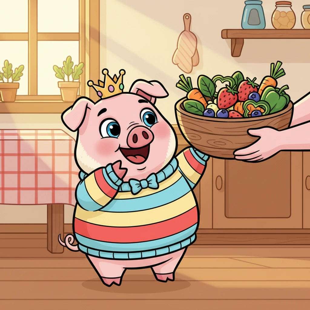 Щодня її добра господиня готувала для Розі різноманітні смаколики. Від солодких ягід до хрустких овочів, Розі завжди мала найсмачніші страви. Вона виляла своїм п'ятачком від задоволення при кожному шматочку.