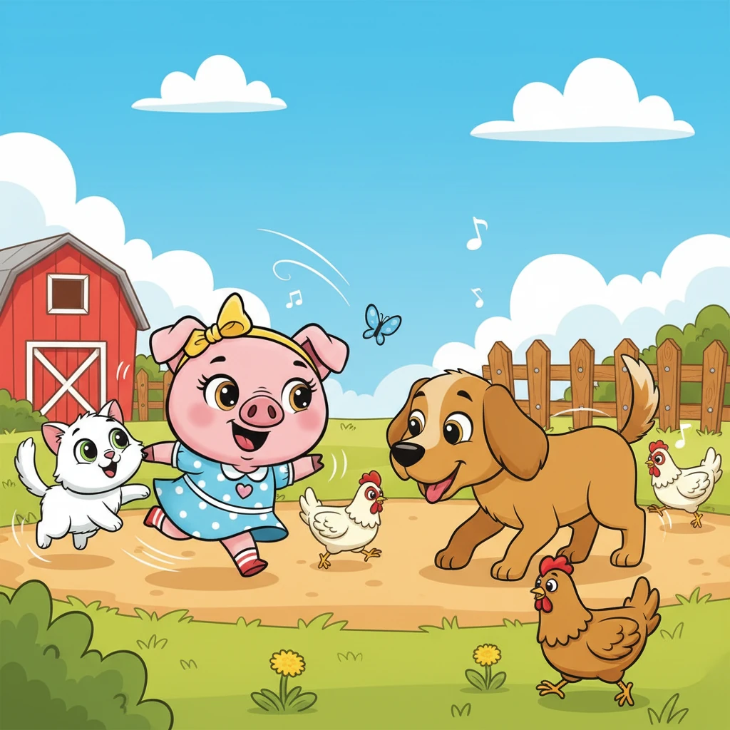 Розі дуже любила гратися з усіма тваринами на подвір'ї. Вона ганялася за метеликами з пухнастим котом, обнюхувалася з доброзичливим собакою і навіть влаштовувала лагідні перегони з метушливими курками. Сміх і рохкання наповнювали повітря.