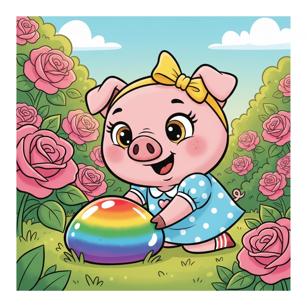 Одного сонячного ранку, граючись у саду, Розі помітила щось блискуче під кущем троянд. Цікавість спалахнула в її очах, і вона обережно штовхнула це своїм п'ятачком. Це був красивий, гладенький, різнокольоровий камінчик!