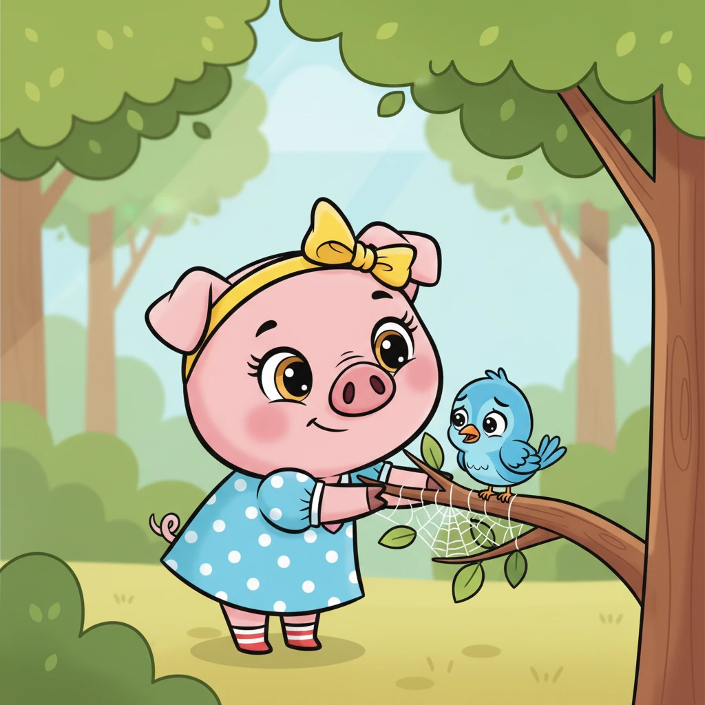 Під час своїх мандрів Розі почула крихітне, стурбоване цвірінькання з низької гілки. Вона підвела погляд і побачила маленьку пташку, яка заплуталася у павутині. Обережно, своїм м'яким п'ятачком, Розі штовхала гілку, доки пташка не звільнилася.