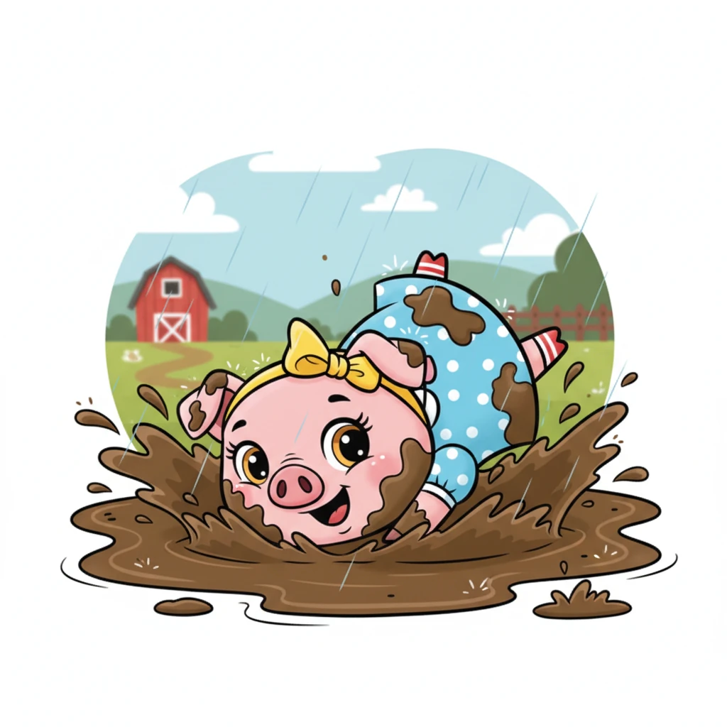 Одного дощового дня Розі досліджувала подвір'я, коли помітила чудово м'яку калюжу бруду. З радісним рохканням вона прямо в неї закотилася, розбризкуючи бруд навсібіч! Вона випірнула, вкрита славним коричневим брудом, виглядаючи дуже задоволеною.