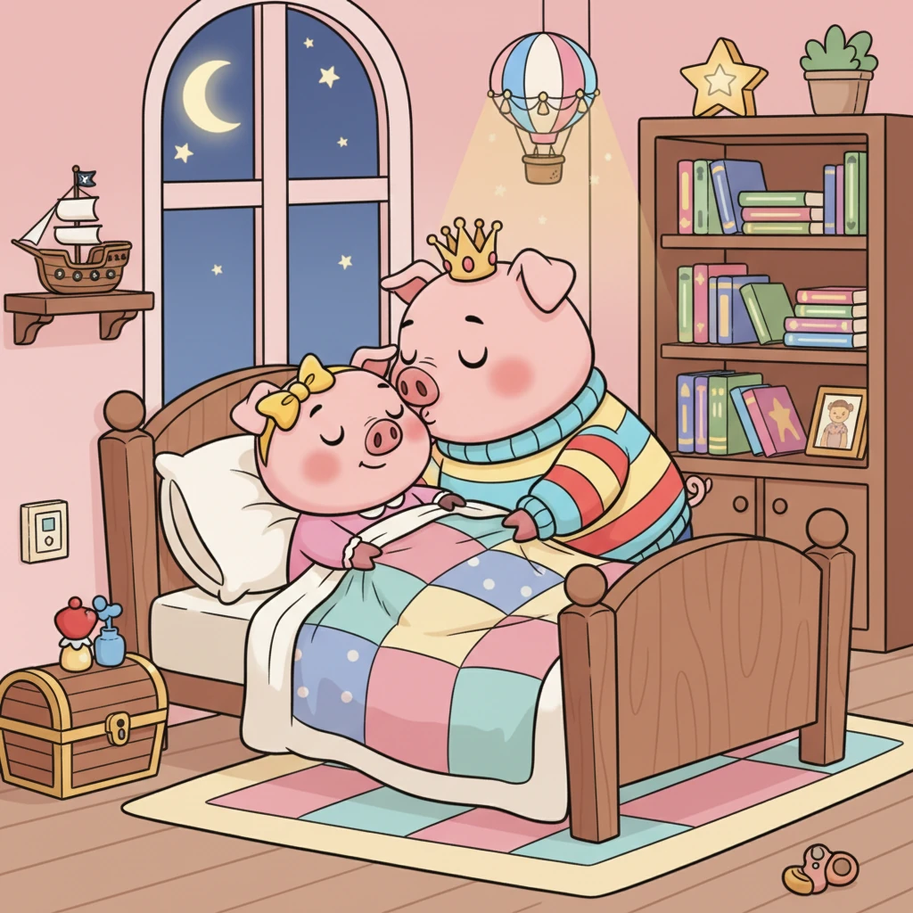 У своїй затишній кімнаті Розі затишно вмостилася у своєму м'якому ліжечку, мріючи про свої денні пригоди. Її люблячі батьки вклали її спати, шепочучи на добраніч. Розі була справді найщасливішою та найавантюрнішою свинкою у всьому світі.