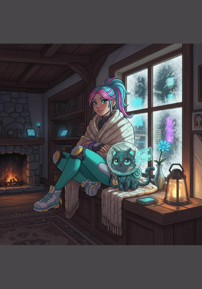 Elara sits by the frosted window of her quiet cottage, watching the autumn leaves fall in silence. She traces a small heart on the glass with her fingertip, wondering when the warmth she sees in others will finally reach her own lonely soul.