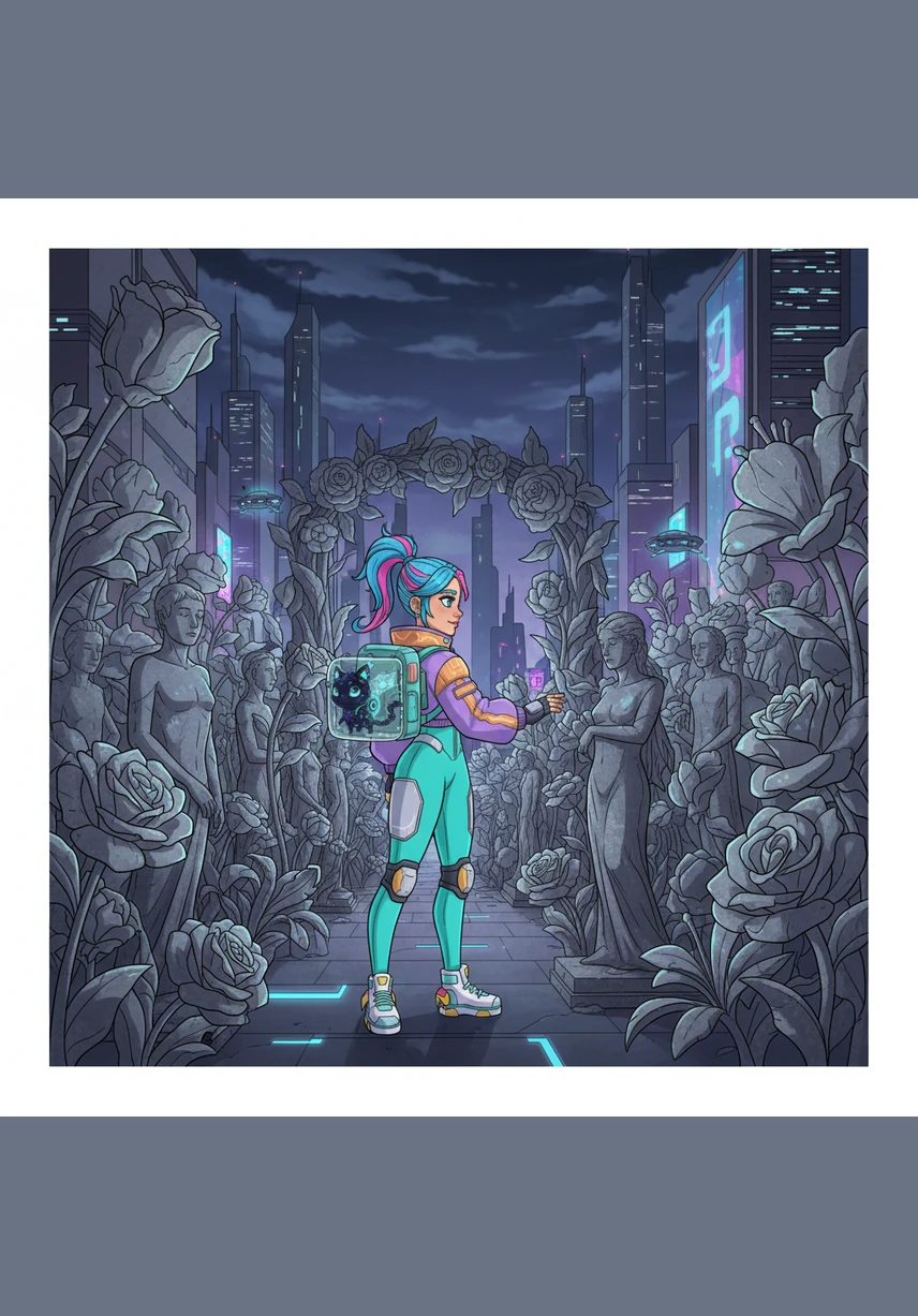 She steps out into a vast, silent garden where the flowers are made of cold, gray stone. Every statue in the garden seems to be waiting for a gentle touch that never comes, perfectly mirroring the stillness and longing in Elara's own heart.