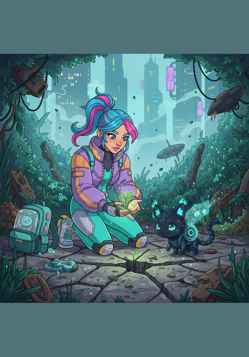 In a hidden corner of the garden, Elara discovers a single, tiny green sprout struggling to grow through the cracks in the stone. She kneels down and shields the fragile life from the biting wind, realizing for the first time how much care she has to give.