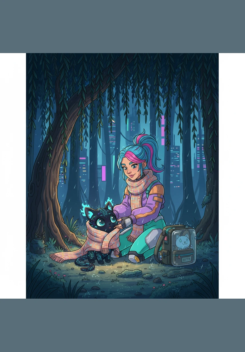 As she wanders into the Whispering Woods, she encounters a small, shadow-like creature shivering under the drooping branches of a willow tree. Elara wraps her soft, knitted scarf around the creature, and for a brief moment, the dark forest feels a little brighter and warmer.