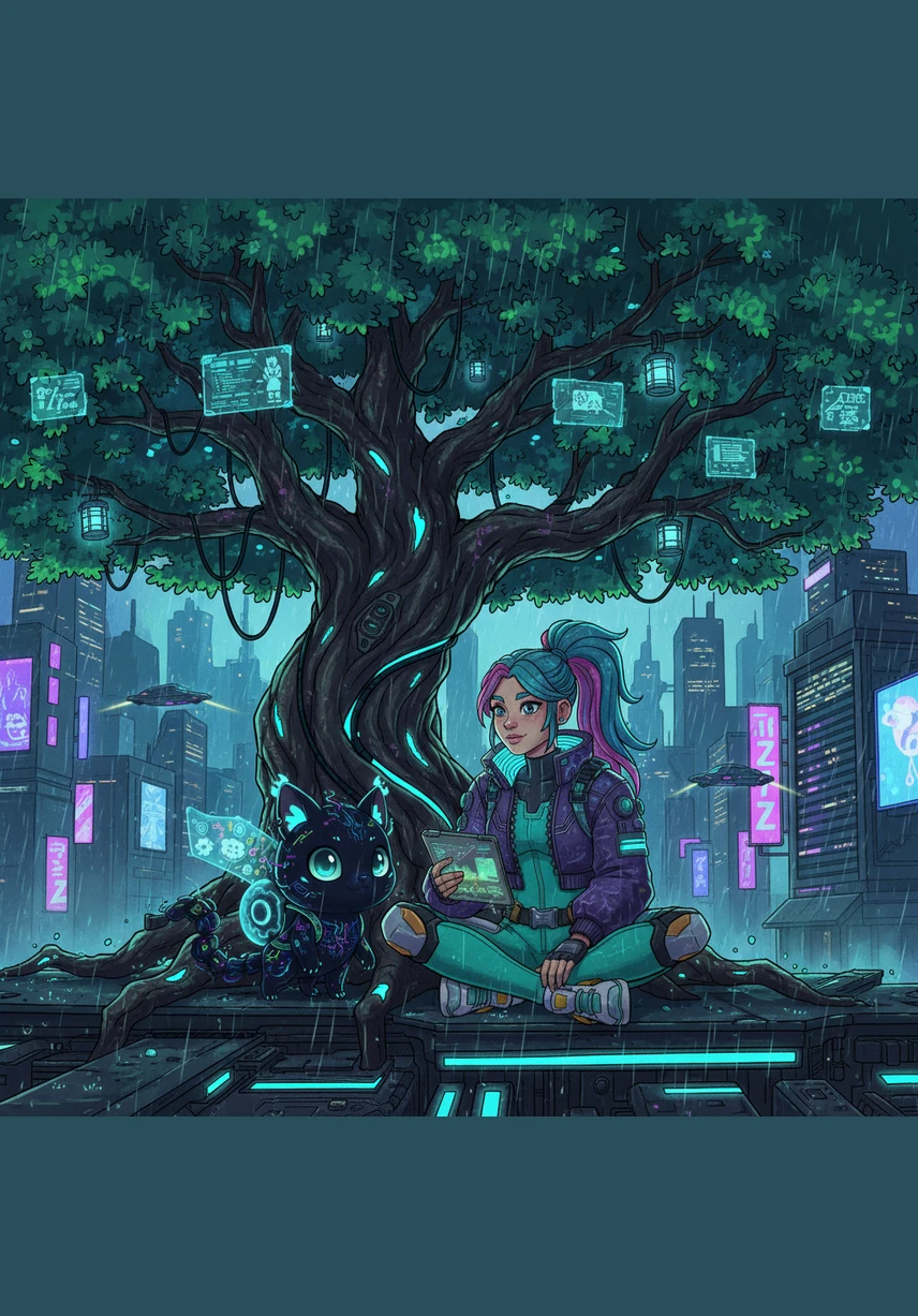 Elara sits beneath the canopy of a giant, ancient oak tree and begins to sing a soft, melancholy melody to the rising stars. The music carries her questions into the vast night sky, asking the moon if love is a destination one reaches or a journey one takes.