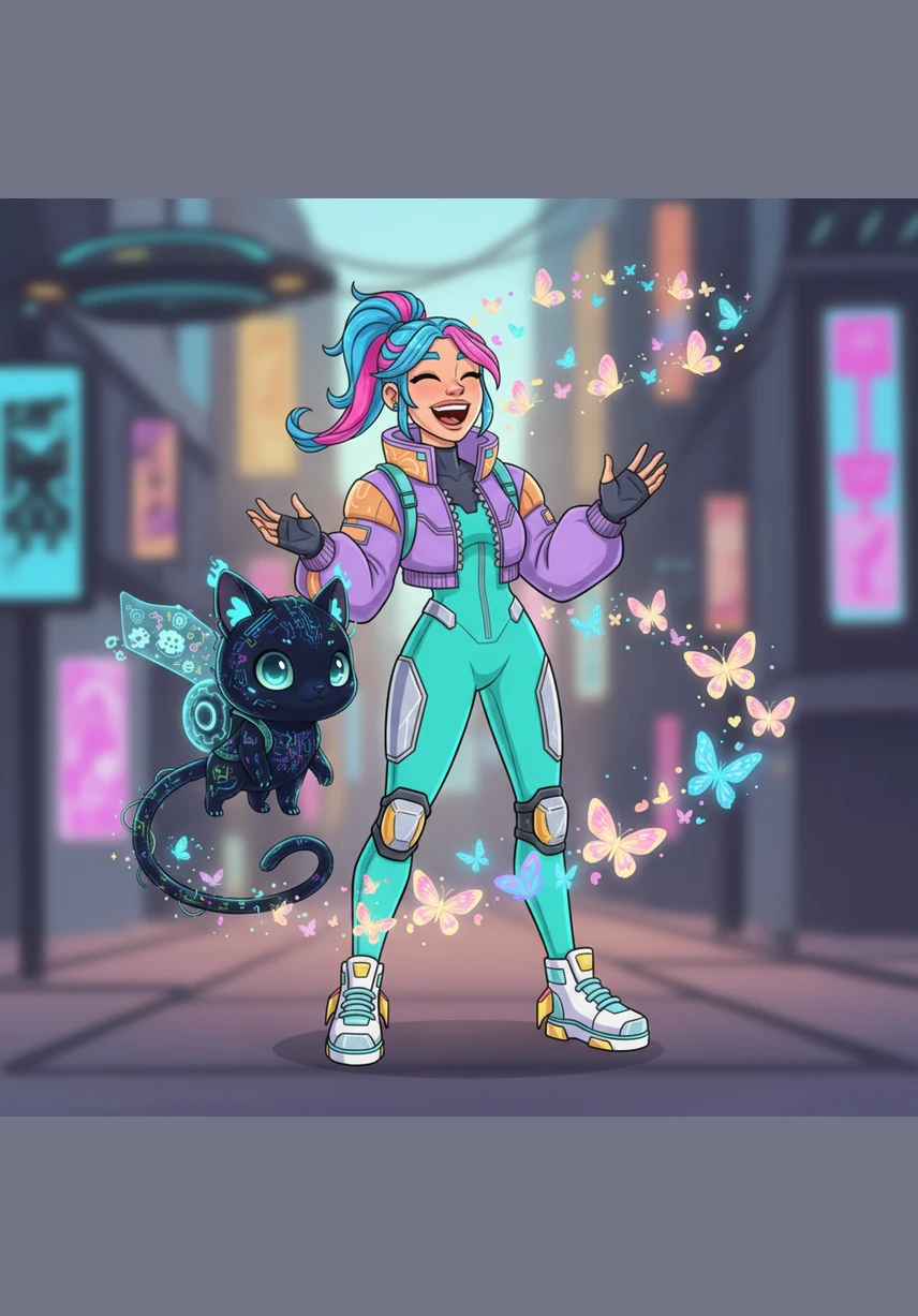 The shadow creature returns to her side, bringing a trail of colorful butterflies that dance playfully around Elara's head. She laughs out loud for the first time in a very long while, realizing that her own kindness has started to transform the world around her.