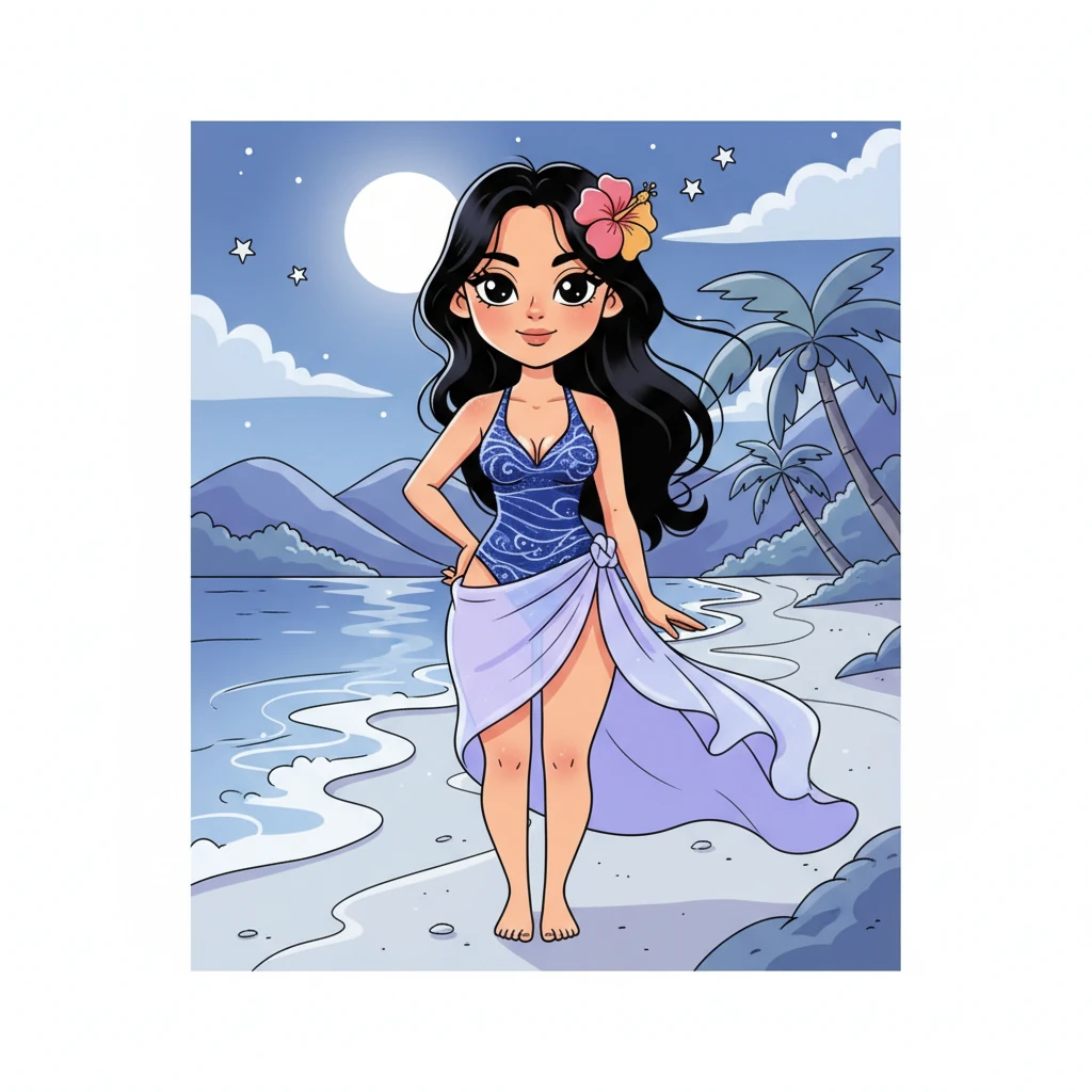 어두운 밤, 대한민국의 한적한 해변에 달빛이 비추고 있습니다. 미라는 화려하고 세련된 비키니 차림으로 모래사장에 서서 누군가를 기다리는 듯 매혹적인 자태를 뽐냅니다. 부드러운 밤바람이 그녀의 머리카락을 살랑입니다.