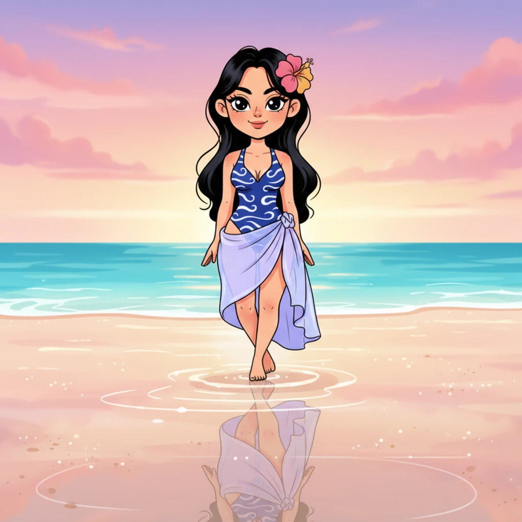 그녀는 젖은 모래 위를 우아하게 걷습니다. 물에 반사된 그녀의 실루엣은 그림처럼 아름답고, 그녀의 발걸음은 마치 누군가를 유혹하는 춤처럼 보입니다.