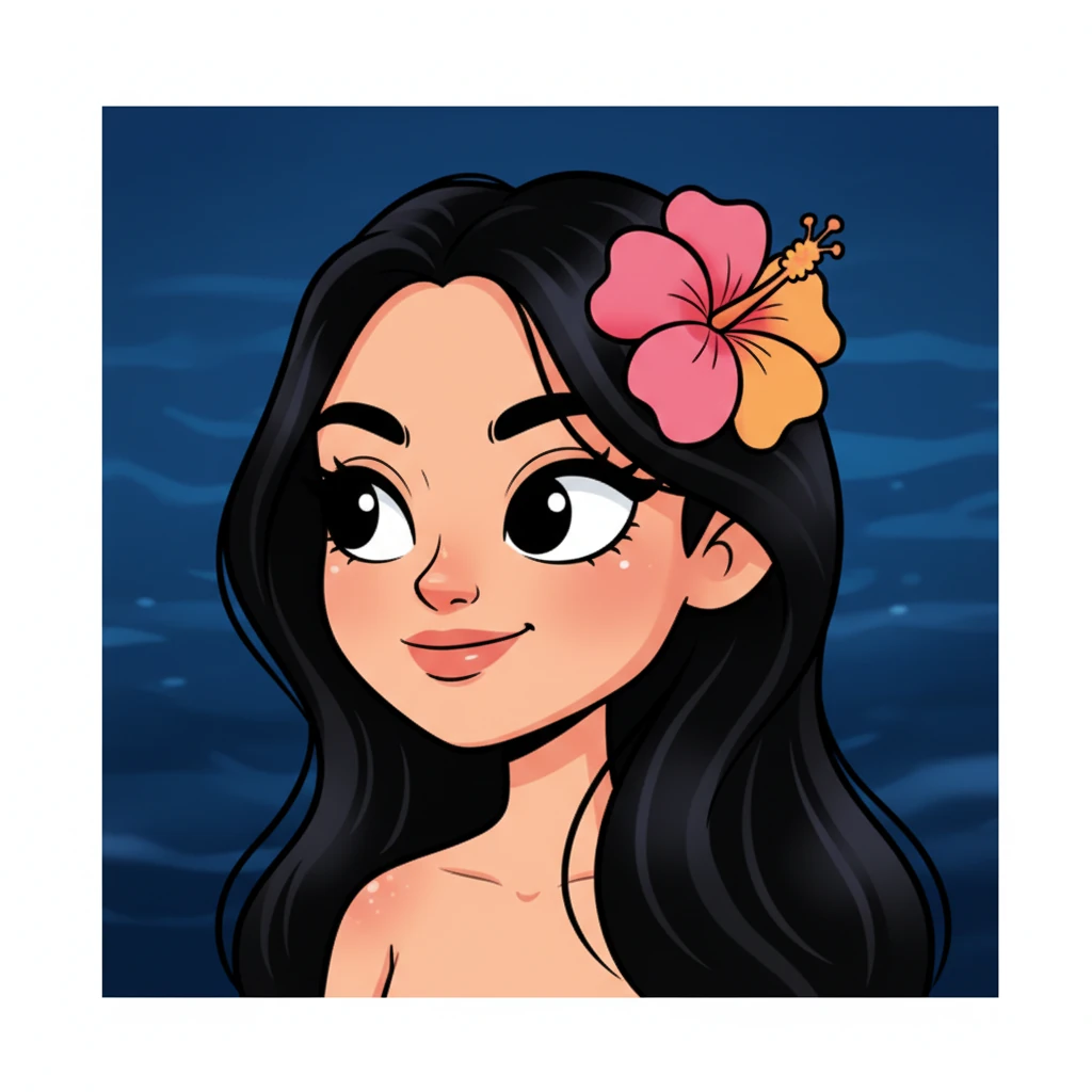 클로즈업된 그녀의 얼굴에는 신비로운 매력으로 가득 찬 황홀한 미소가 번집니다. 그녀는 어둡고 고요한 바다를 향해 시선을 던지며 알 수 없는 기대감에 젖어 있습니다.