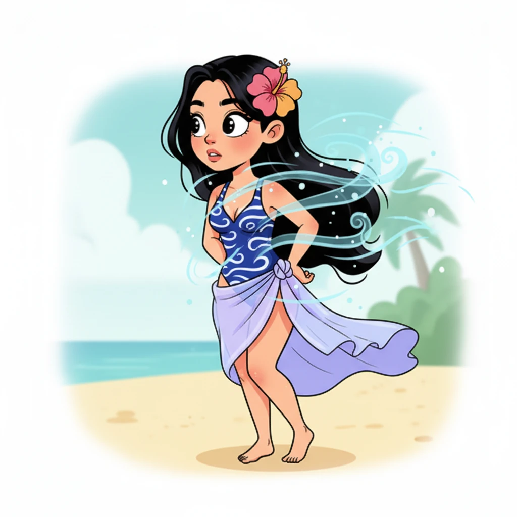 갑자기 차가운 바람이 그녀의 등줄기를 스치고 지나갑니다. 미라는 순간 움찔하며 주변을 둘러보고, 그녀의 매혹적인 표정에는 미세한 불안감이 스쳐 지나갑니다.