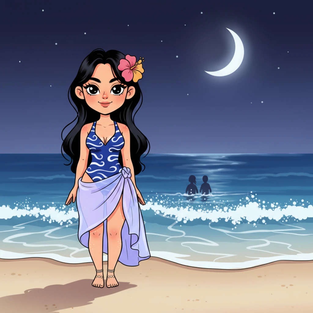 그녀의 시선은 멀리 파도가 부서지는 해안선으로 향합니다. 희미한 달빛 아래, 물거품 사이로 희미하게 서 있는 형상들이 그녀의 눈에 들어옵니다.