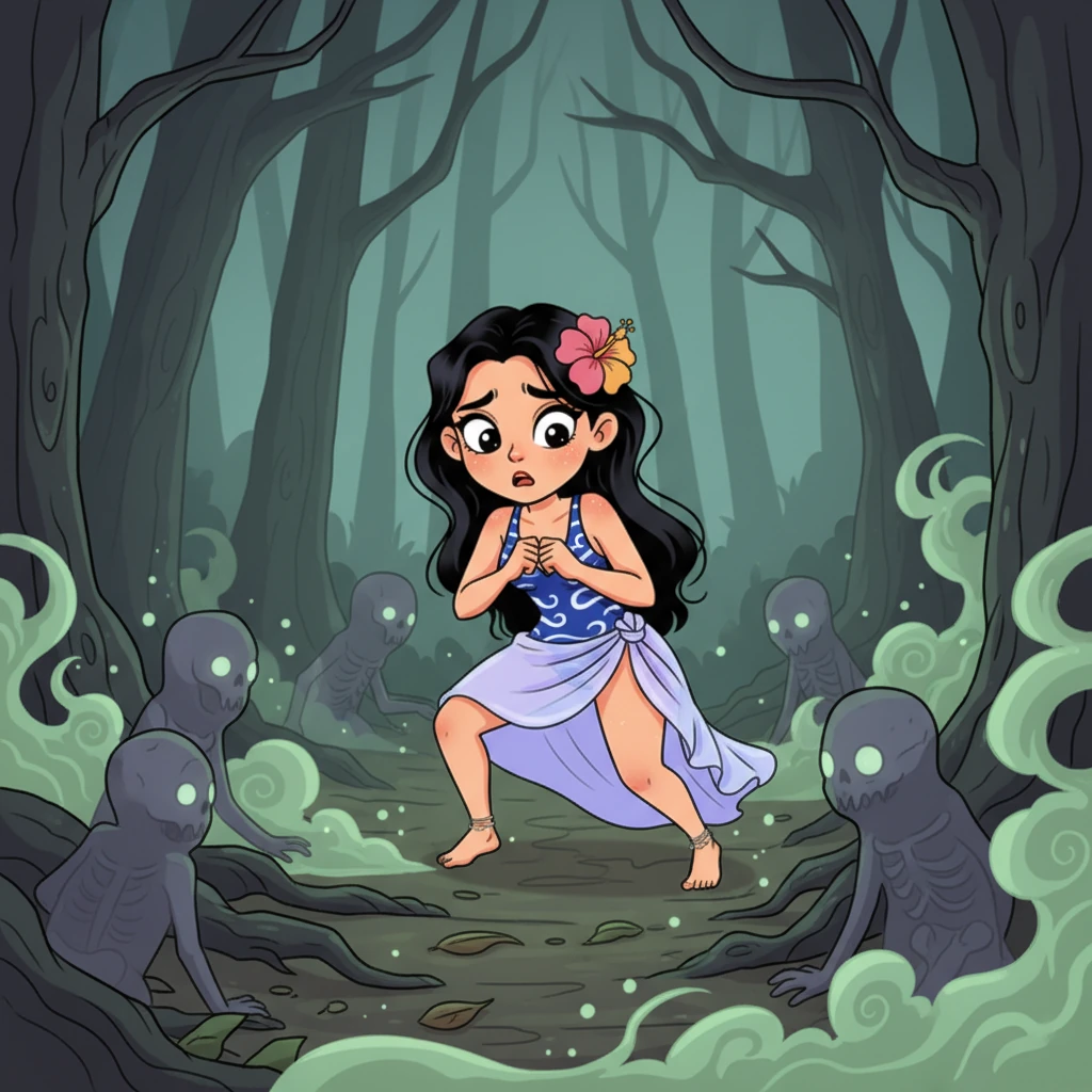 미라는 조심스럽게 그 형상들을 향해 다가갑니다. 그녀의 유혹적인 자세는 어느새 스멀스멀 기어오는 공포감에 자리를 내주고, 형상들은 점점 더 선명해집니다.