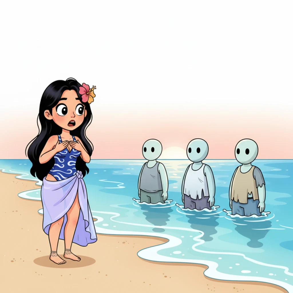 숨이 턱 막히는 순간, 그녀의 눈앞에는 얕은 파도 속에 반쯤 잠겨 조용히 서 있는 창백하고 물에 불어난 시체들이 보입니다. 그들의 텅 빈 시선은 수평선 너머 어딘가를 향하고 있습니다.