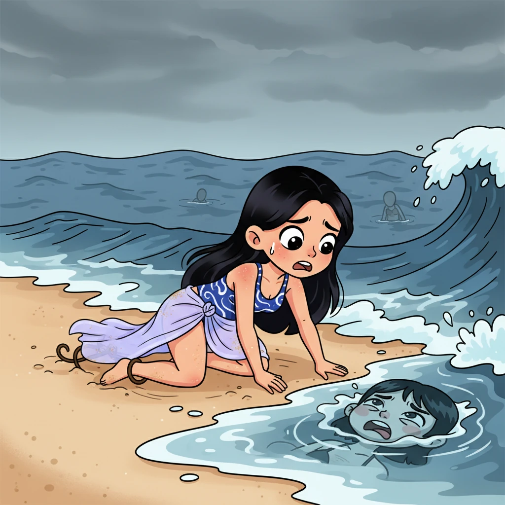 미라가 필사적으로 기어가려 애쓰는 순간, 그녀는 발이 걸려 넘어져 모래에 쓰러집니다. 그녀의 시선은 가장 가까이 있는 시체 중 하나에 닿는데, 물에 일그러져 있지만 그 얼굴은 분명히 그녀 자신의 것이었고, 고통스러운 비명소리가 없는 채로 굳어 있었습니다.