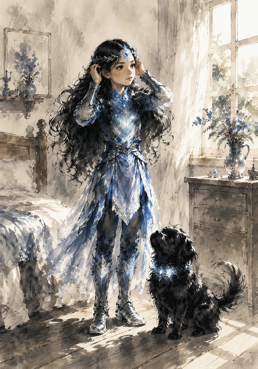 Mía stands in her sunlit bedroom, her long wavy black hair catching the light as she prepares for the day. Her small shaggy black dog, Ruffo, sits by her feet, his tail wagging against the wooden floor of their cozy country home.