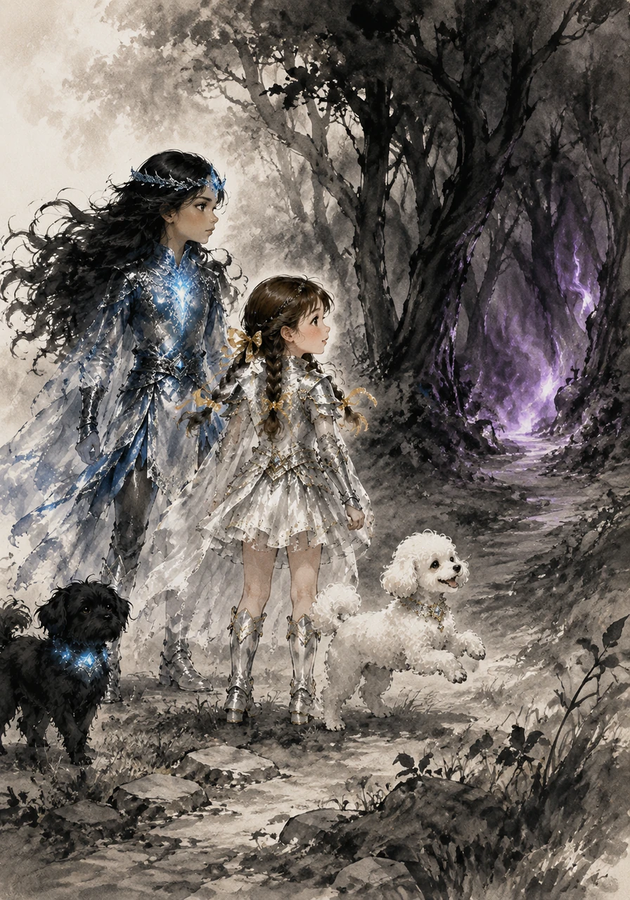Outside, Mía joins her best friend Maite, a smaller girl with two neat brown braids and a bright smile. Maite’s tiny white poodle, Alice, prances around them as they look toward the dark, whispering woods where a strange purple glow begins to flicker.