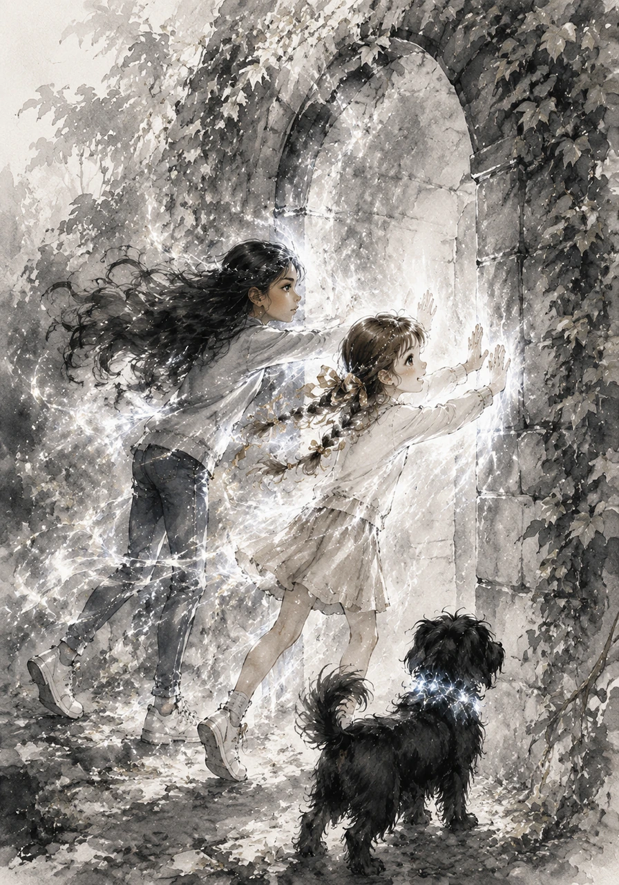 The two girls run to a hidden stone archway covered in ivy and press their hands against the cool, ancient rock. In a burst of sparkling light, their everyday clothes transform into magnificent, shiny warrior outfits that glow with a magical silver radiance.