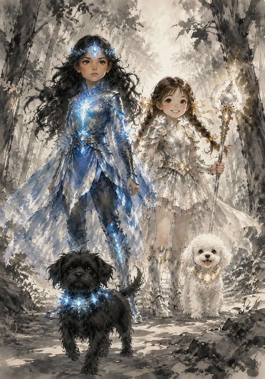Mía now wears a shimmering blue tunic and a glowing circlet in her black hair, while Maite’s braids are tied with magical golden ribbons. Ruffo and Alice also transform, wearing brave enchanted collars that pulse with protective energy as they prepare to enter the woods.