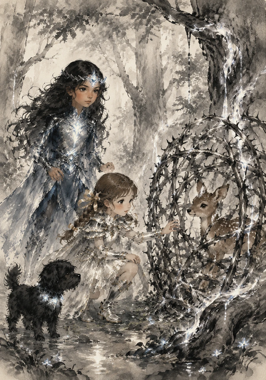 They step into the enchanted forest, where the trees have glowing sap and the air smells like cinnamon and rain. They find a small, frightened fawn trapped in a cage of magical, thorny brambles that have appeared out of nowhere.