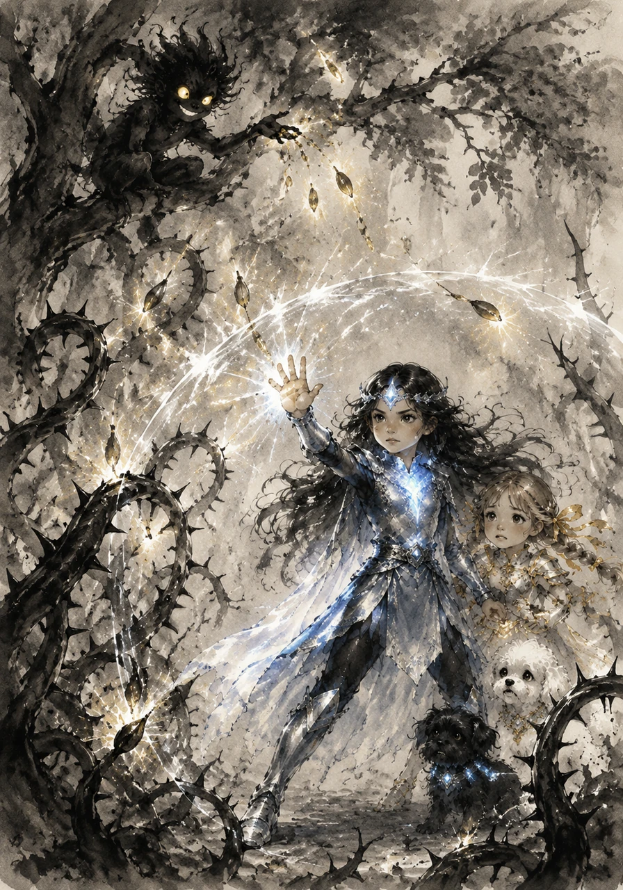 A mischievous shadow-creature with glowing yellow eyes giggles from the high branches, tossing magical seeds that grow into more thorns. Mía steps forward, her shiny warrior outfit reflecting the light as she raises her hand to shield the forest animals.