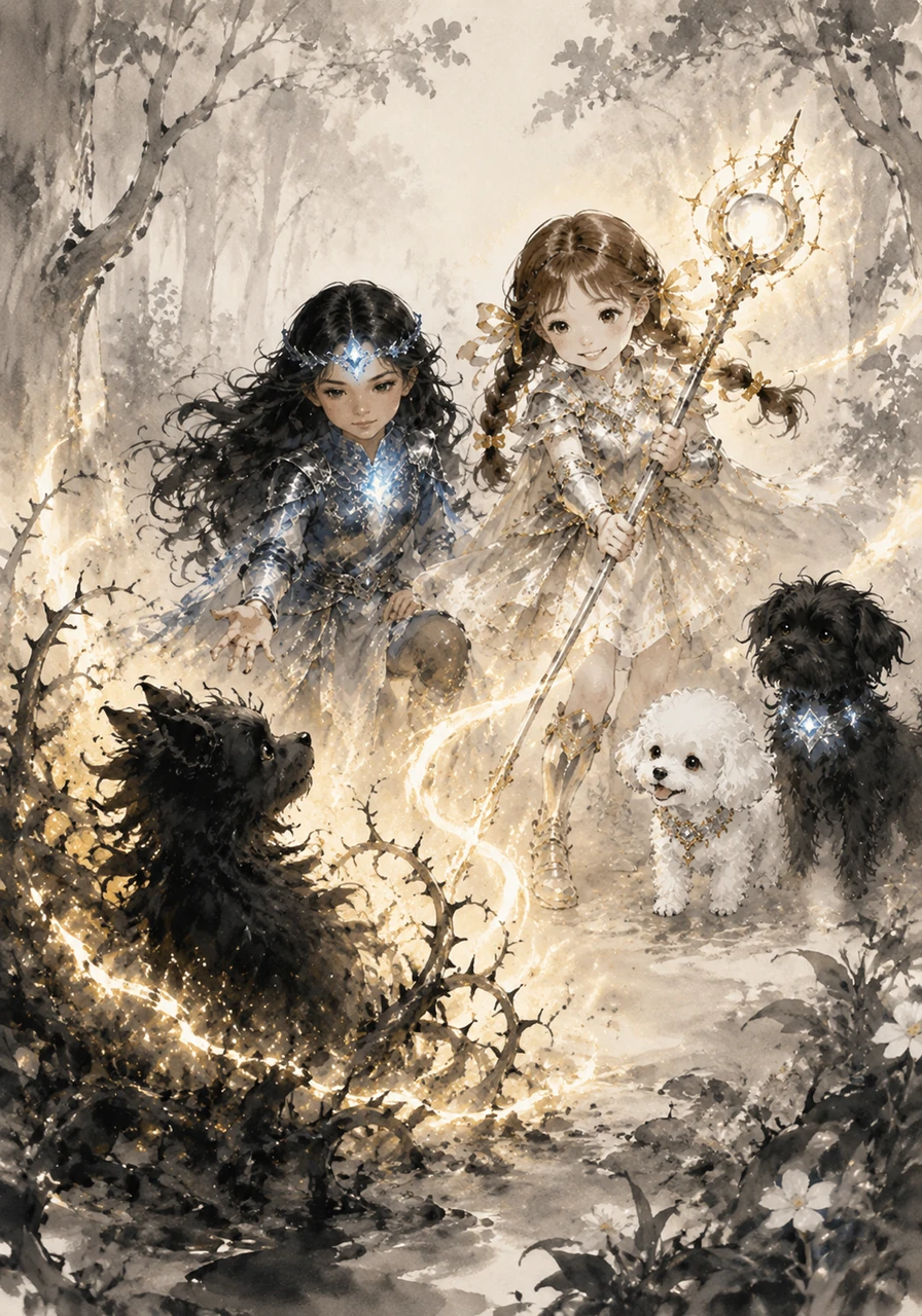 Maite uses her magic staff to create a warm, golden light that gently melts the magical thorns away and calms the shadow-creature. The two friends work together, using their bravery and kindness to show the creature that the forest is a place of peace, not mischief.