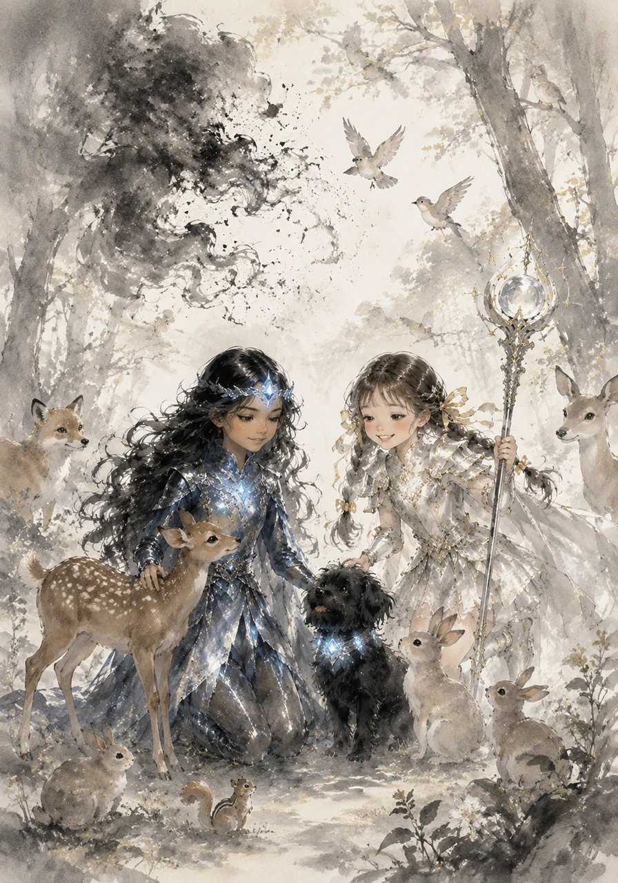 The shadow-creature softens and fades into a gentle breeze, leaving the forest quiet and safe once more. The animals of the woods emerge from behind the trees, chirping and nuzzling the girls to thank them for their protection and courage.