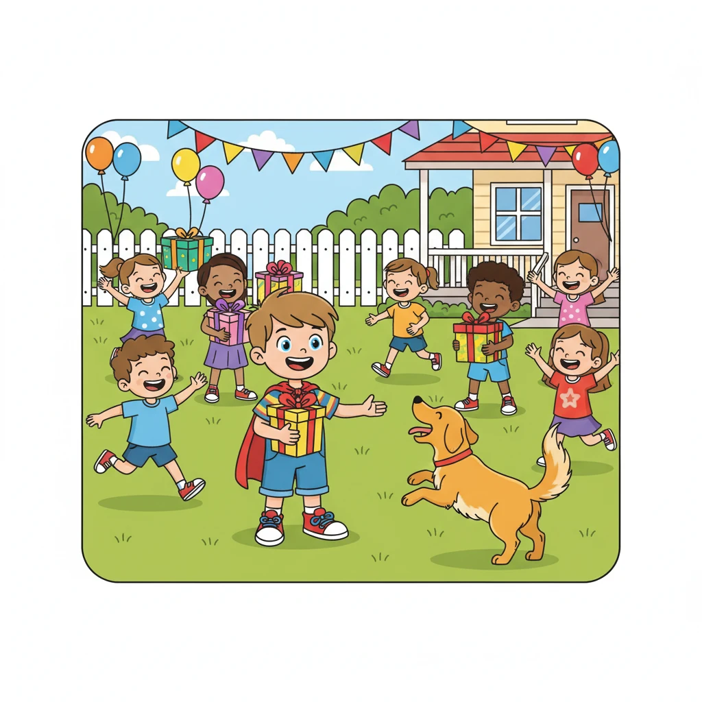 Guests arrived, their arms laden with brightly wrapped presents. Laughter filled the air as children ran and skipped towards the party, eager to join the fun. Timmy's dog, a playful golden retriever, wagged its tail furiously, greeting everyone with excited barks.