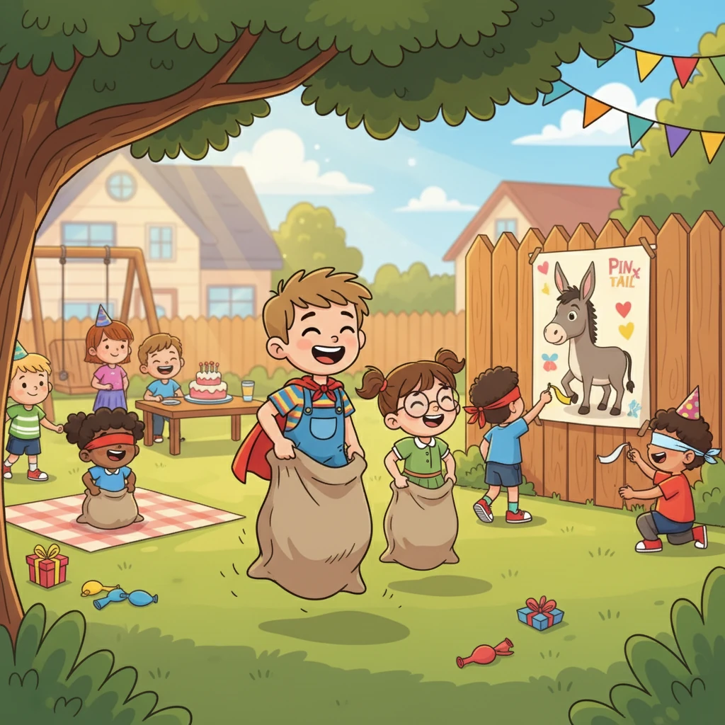 The games began! Kids played pin the tail on the donkey and ran sack races. Giggles and shouts of joy echoed throughout the backyard. Even Timmy's usually shy friend, Sarah, couldn't help but join in the playful chaos.