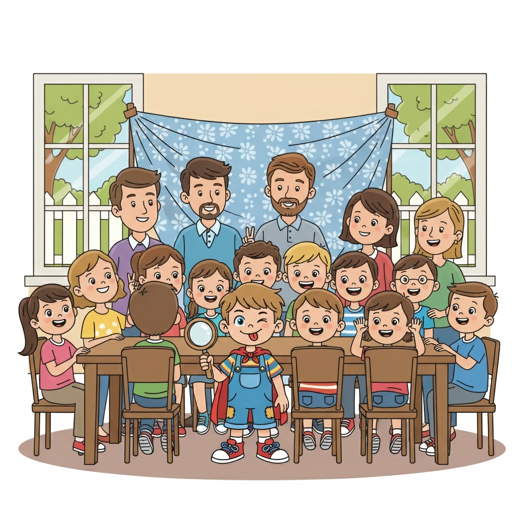 It was time for the group photo! Adults gathered the children around the table, a cloth draped behind them. Some kids smiled wide, while others made funny faces. Little did they know, a mystery was about to unfold!
