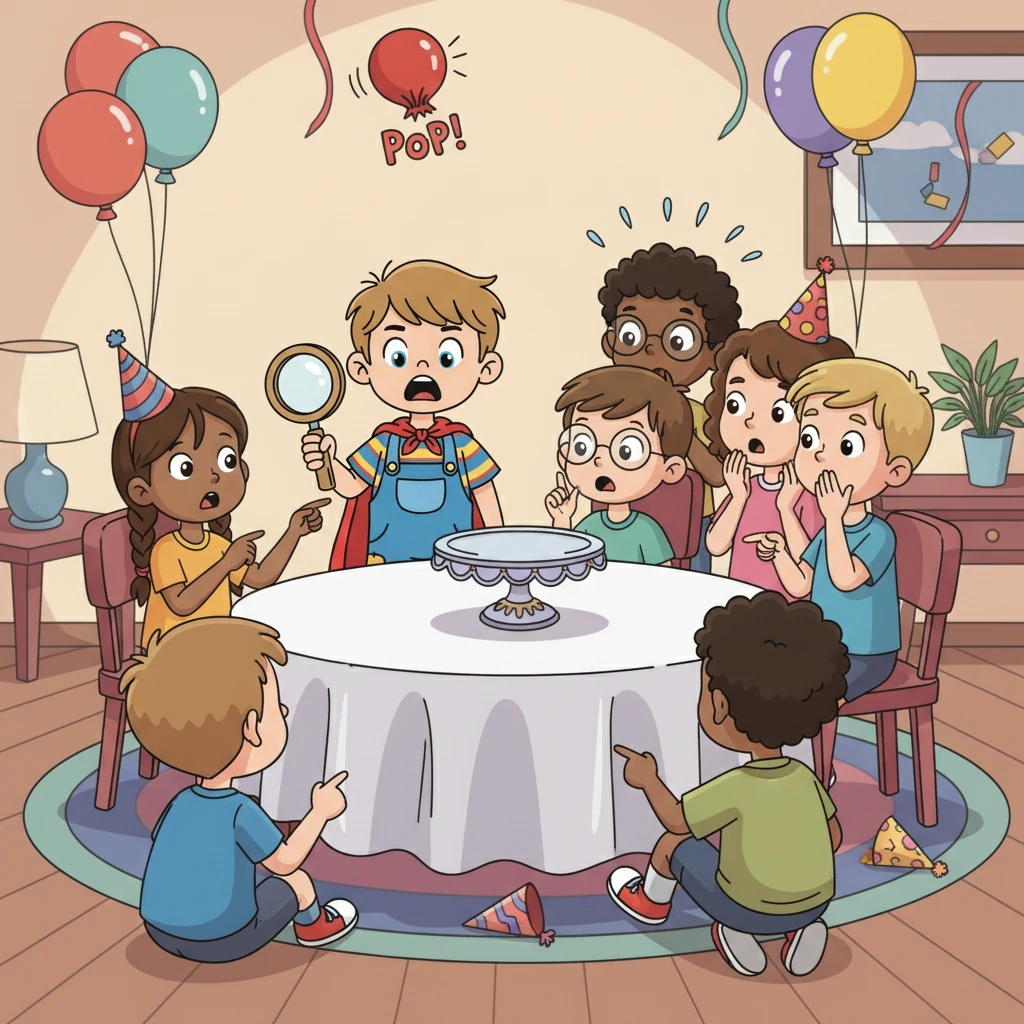 Suddenly, a loud pop! A balloon burst, startling everyone. As they turned back to the table, a collective gasp went up. The birthday cake, the heart of the celebration, was gone! Confusion and disbelief washed over the partygoers, the hunt was on!