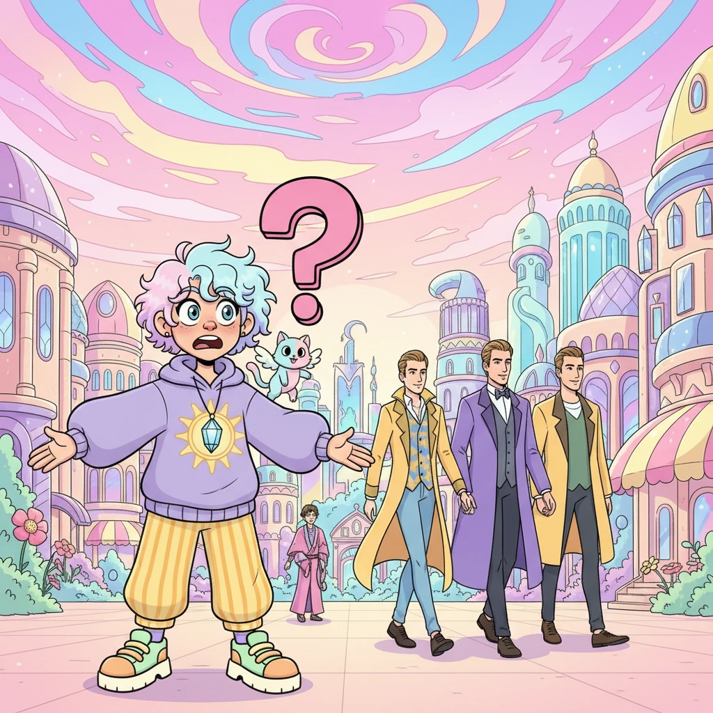 Yester opens his eyes in a world bursting with color, a sprawling fantasy city shimmering under a candy-floss sky. He stares, wide-eyed and bewildered, at the unusually handsome men strolling past, realizing with a comedic jolt he's an extra in a BL novel. A tiny, cartoonish question mark floats above his head as he tries to process this new, peculiar reality.