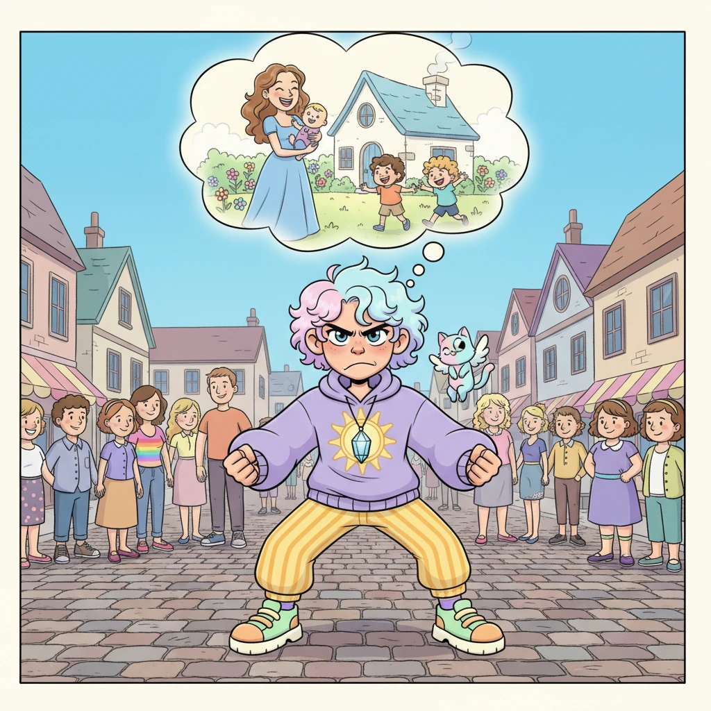 With a determined, slightly exaggerated scowl, Yester strikes a heroic pose, declaring his unwavering heterosexual resolve. He envisions a charming cottage filled with a beautiful wife and three adorable, laughing children, his dream shining brightly despite the overwhelmingly gay populace. His fists are clenched, a resolute spark in his eyes.