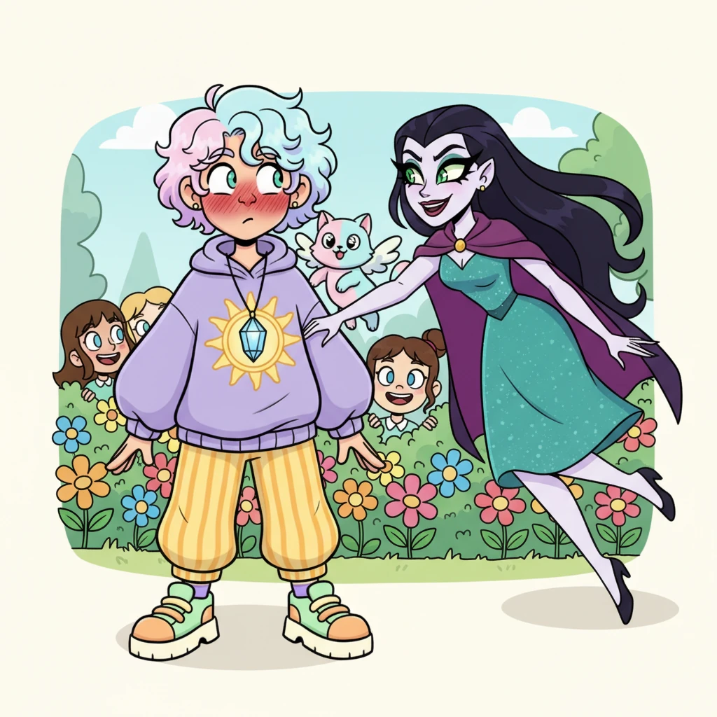 A stunning villainess, with eyes like sparkling emeralds and a mischievous grin, glides towards Yester, batting her long lashes dramatically. She playfully pokes his arm, making him blush a deep cherry red, while several other giggling girls peek from behind colorful flower bushes, their faces alight with admiration. Yester's heart does a happy little flip, a surprised but pleased expression on his face.