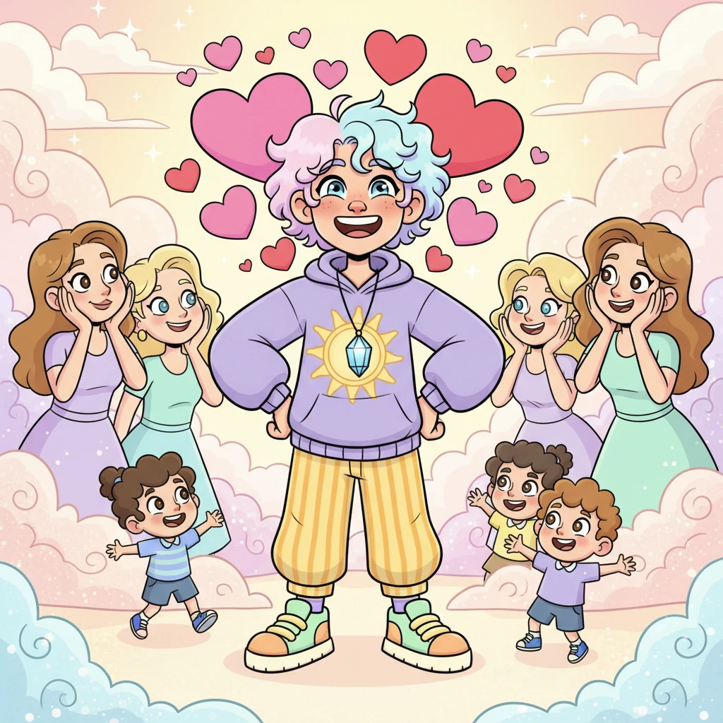 Yester puffs out his chest with a triumphant grin, basking in the unexpected attention from the lovely ladies. He imagines a future filled with domestic bliss, surrounded by adoring wives and children, feeling quite proud of his undeniable charm. Hearts float around his head as he dreams of his ideal family, completely oblivious to other watchful eyes.