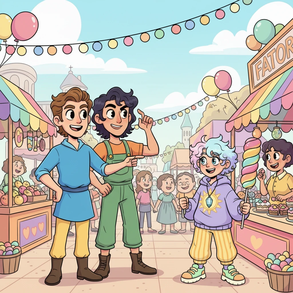 Across a bustling, rainbow-colored market square, the novel's dashing protagonist, with a dazzling smile, casually points towards Yester. His charismatic male love interest beside him raises an intrigued eyebrow, a playful smirk gracing his lips. Yester, busy buying a giant lollipop, remains completely unaware of the new, intense gazes fixed upon him.
