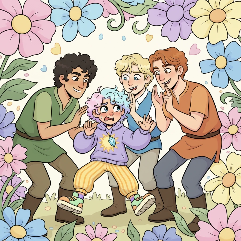 In a whimsical garden overflowing with enormous, fantastical flowers, the protagonist and two of his most handsome male companions encircle Yester with charming smiles. They lean in conspiratorially, their eyes twinkling mischievously, making Yester stumble back with a comically flustered expression. He tries to politely escape, a sweat drop rolling down his cartoonishly rosy cheek.