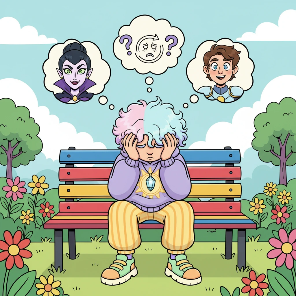 Yester sits on a vibrant park bench, head buried in his hands, a whirlwind of conflicting emotions swirling around him. Above his head, thought bubbles depict both the alluring villainess and the charming protagonist, their faces equally captivating. He scratches his head in genuine confusion, his initial certainty about his preferences starting to waver.